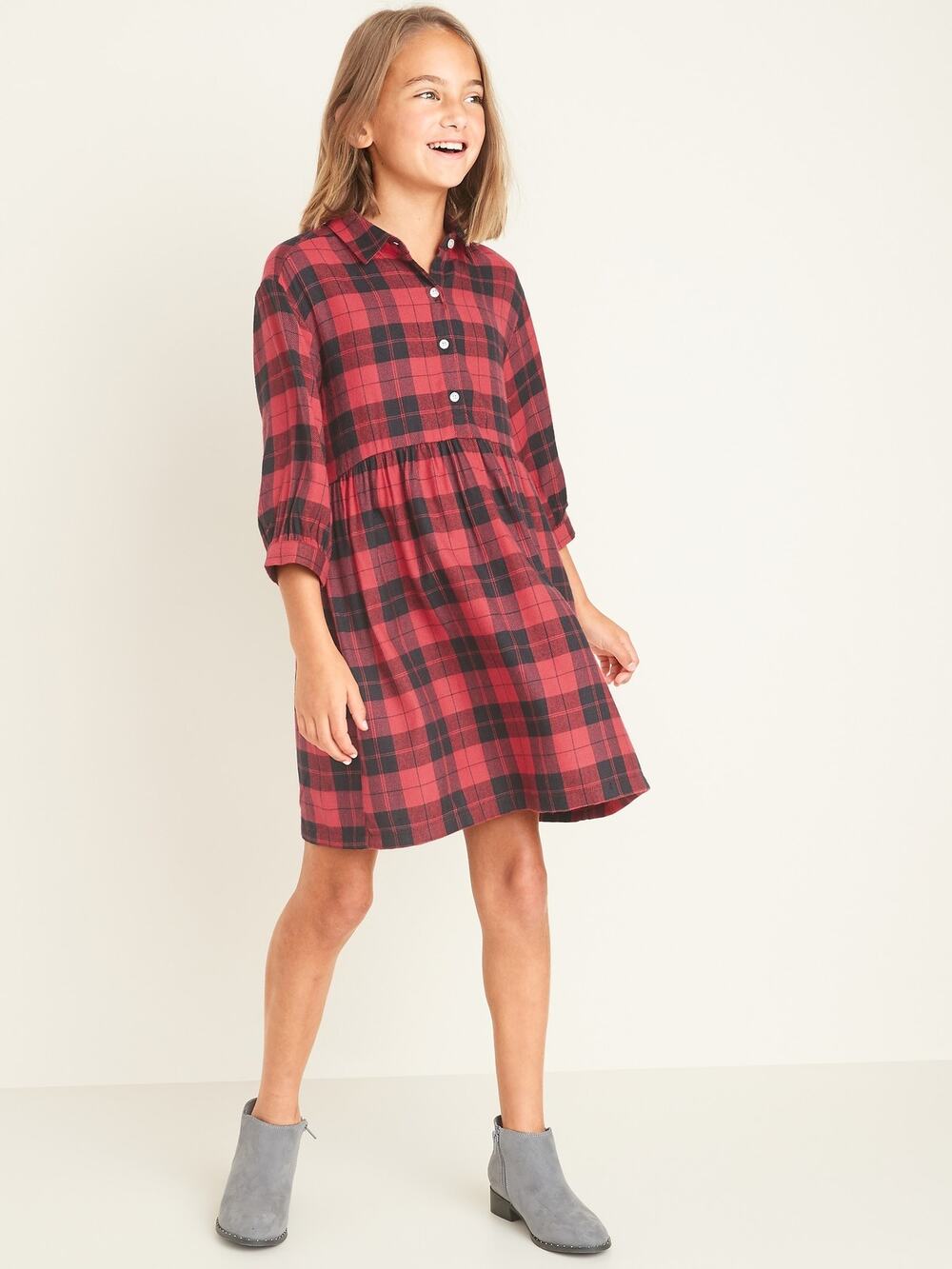 Old Navy Girls Red Black Plaid Quarter Button Mini Dress Kid’s Youth Size XL 14